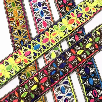 Sparkle Colorful Sequin Fabric, Brushy Space Dye Thread, Embroidery Floral Polyester Trimming for Garments and Clothing