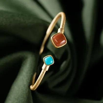 South Red Agate Inlaid With Turquoise Silver Bracelet