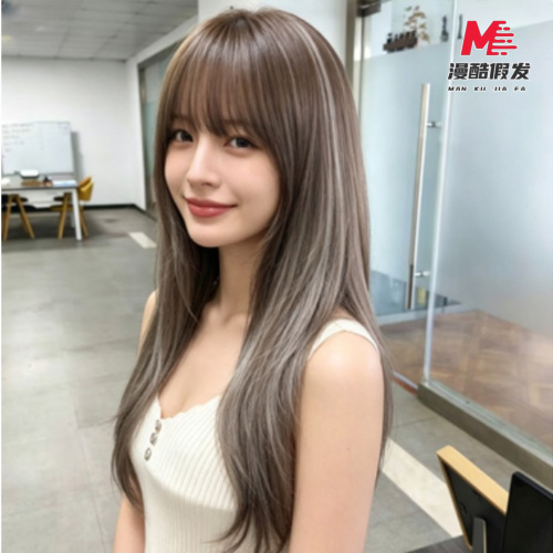 Long Straight Ash Brown Synthetic Wig with Bangs 2