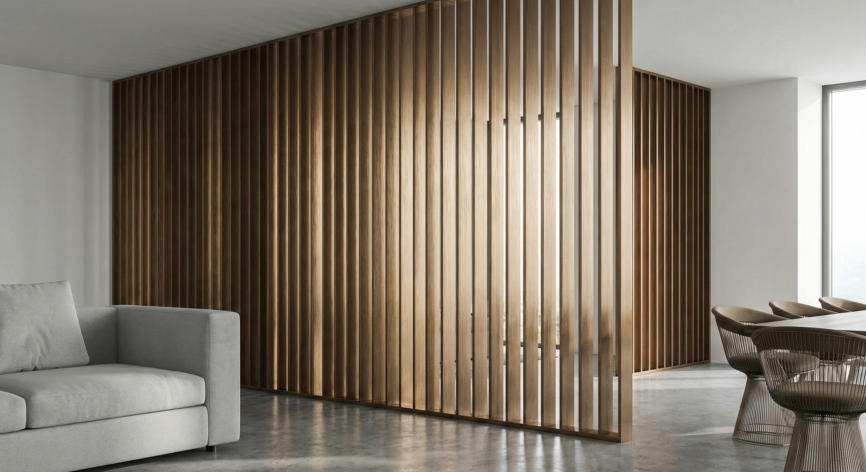 न्यूनतम आंतरिक एल्यूमीनियम विभाजन स्क्रीन जिसमें ब्रश धातु लकड़ी की बनावट खत्म होती है