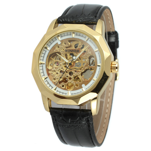 luxury golden wrist watch with ruby skeleton design watch