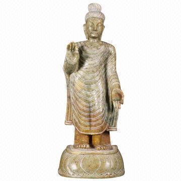 Yellow marble small standing Buddha, 19"