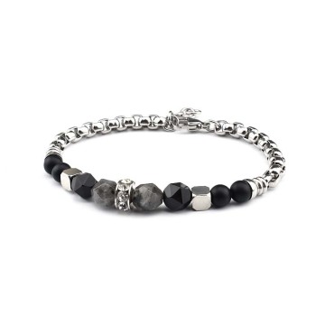 Fashion Charm 8MM Stone Strand Bracelets Stainless Steel Link Chain Bangles Gemstone Beaded Yoga Male Jewelry