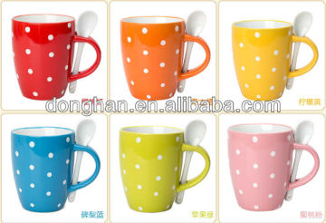 multicolor dot point ceramic coffee cup with spoon