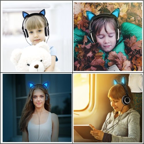 Auriculares para niños con cable seguro con orejas de gato que brillan intensamente LED