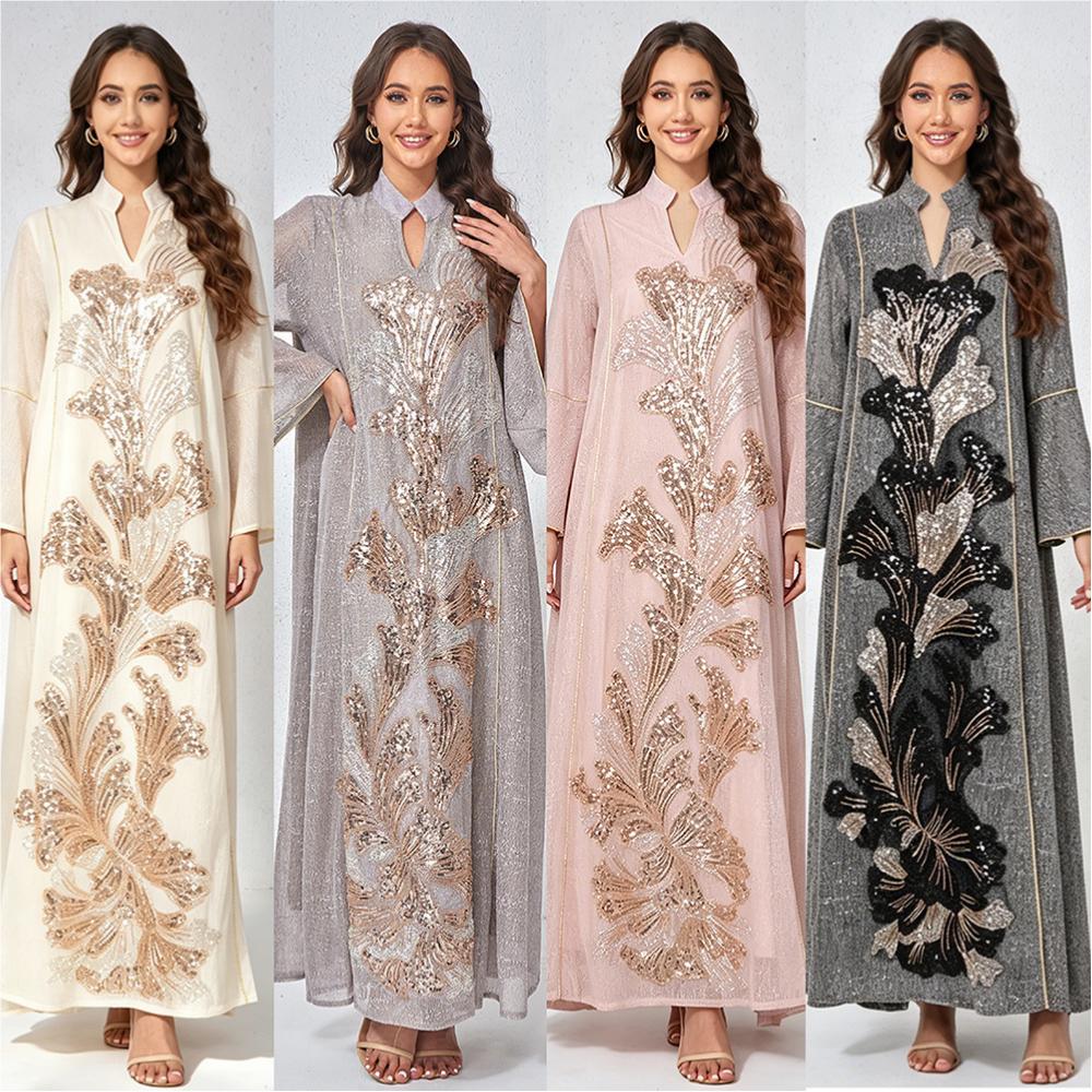 Beaded Embroidery Stand Collar Abaya Dress Detail