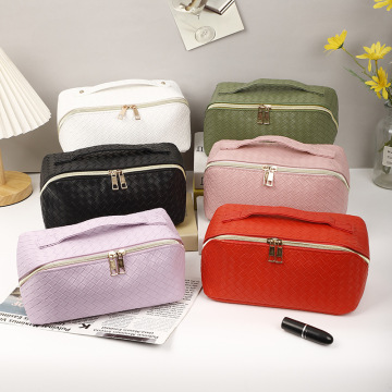PU Woven Leather Checkered Cosmetic Bag - Large Capacity Travel Handbag