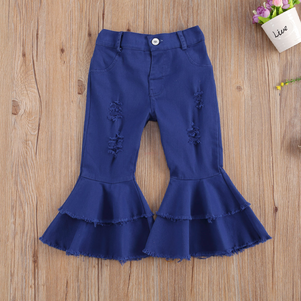 2-6Years Kids Girls Jeans Flare Pants Solid Elastic Waist Button Denim Hole Trousers Pants 5 Colors