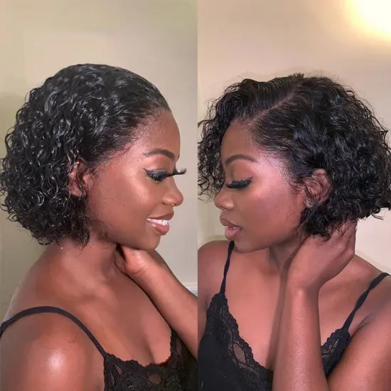 Short Jerry Curl Wigs For Black Women Cheap Pixie Cut Short Human Hair Wigs Non Lace Wig Machine Made Black Color Brazilian Hair
