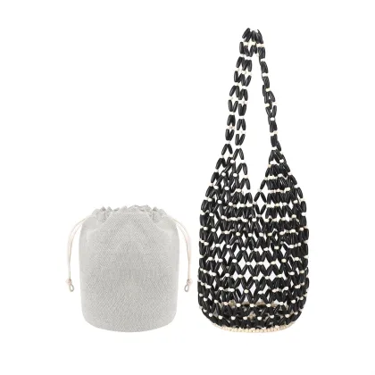 Vintage Wood Bead Knitted Bucket Bag