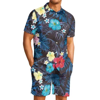 Cuban Collar Shirt with Tropical Flower Print: Custom Men's Hibiscus and Plumeria Design