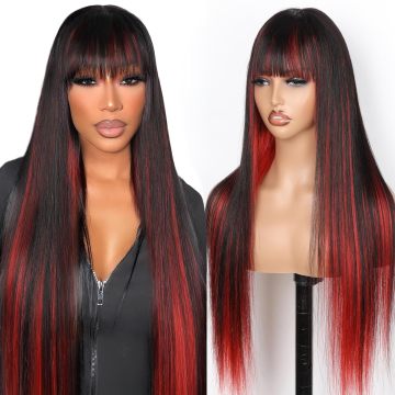 Wig with Bangs Red Black 2x4 Lace