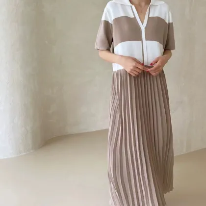 Plus Size Korean Style Lapel Collar Short Sleeve Midi Dress with Knitwear