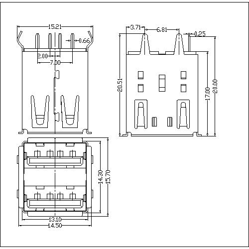 UAFS03 3-USB A Type Receptacle Double Stack Straight DIP 