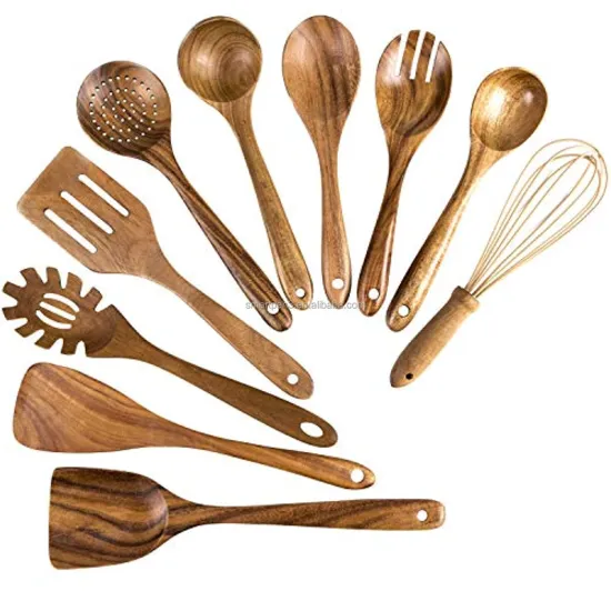 11-Piece Teak Wood Utensil Set with Holder: Non-Stick, Cooking Turners and Other Tools