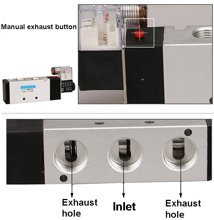 Inlet Outlet & Exhaust details of 4V200 series double coils G1/8 pneumatic solenoid valve