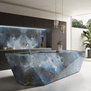 Luxury Stone Kitchen Counter with Integrated Sink and Wooden Bar Island