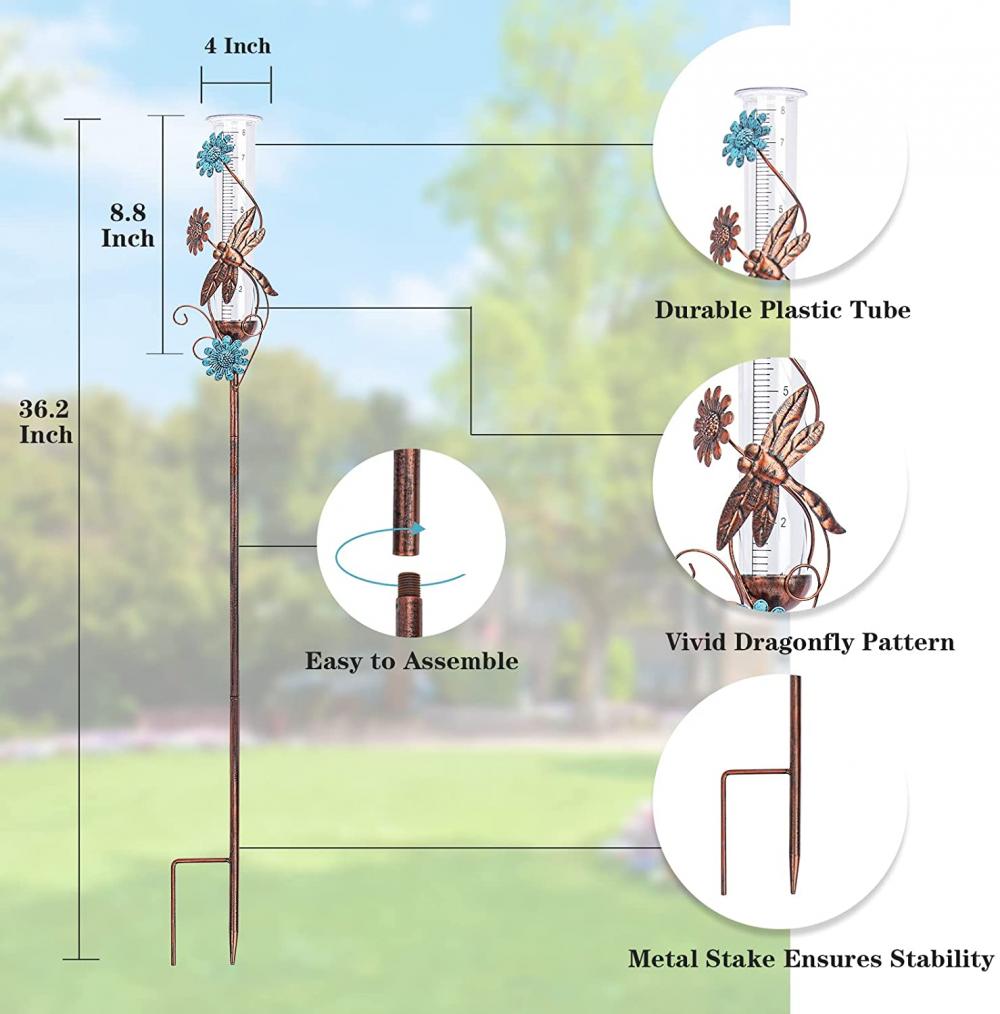 Medidor de chuva decorativo sem fio com estaca de metal
