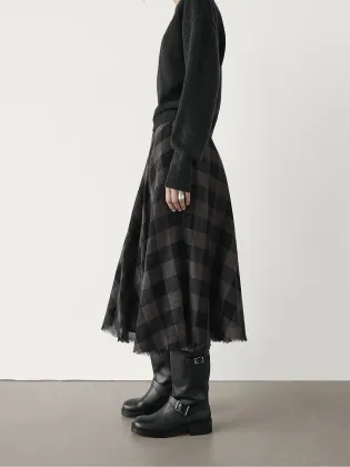 Women's French-style mature-casual full-wool checkered tweed midi skirt