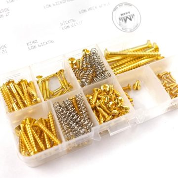 MAKA Guitar Screw Kit: Comprehensive assortment box for various guitar parts including Bridge, Pickup, Pickguard, Tuner, Switch & Neck Plate, accompanied by Springs