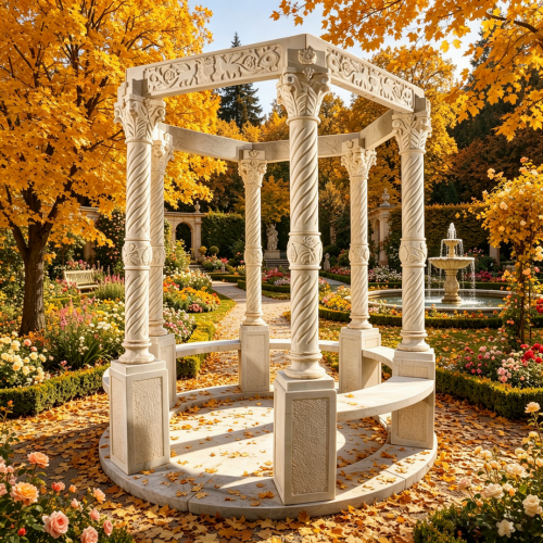 White Marble Gazebo Integrated Benches Classic Fluted Column