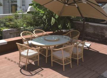 Outdoor Oval Table with Rattan Chairs and Umbrella Set