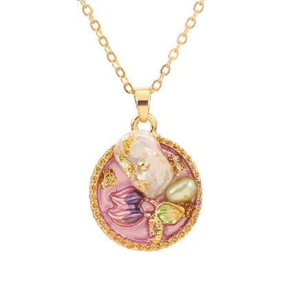 Vintage Oil Painting Clavicle Chain Necklace Gold Plated Pearls Flower Pendant