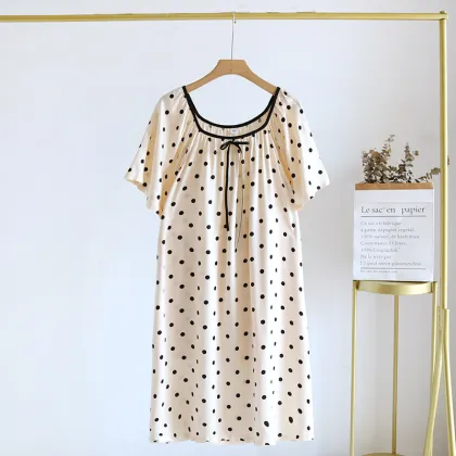 Plus Size Cotton Silk Short-Sleeved Nightgown for Spring and Summer