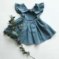 Girls' Cotton Linen Solid Color Bow Dress