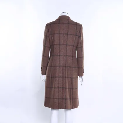 classic double breasted plaid long coat High level Lapel Fashion women long coat wool trench coat