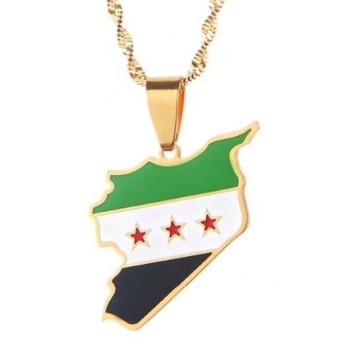 Yiwu Aceon Stainless Steel Tri Star Embossed Waved Edge Green White Enamel Syria Map Flag Pendant