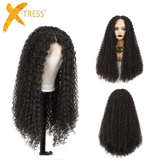 X-TRESS Cheap Synthetic Hair Curly Wig With Middle Part 4"x1cm Lace Frontal Hair Wigs For Black Women Natural Hair Wigs