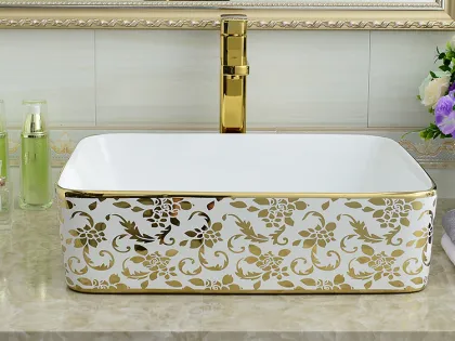 Elegance Flower Design Golden Ceramic Bathroom Sink Bowl