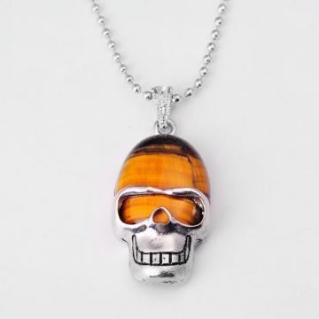 Tiger Eye Semi Precious Stone Skull Pendant Necklace