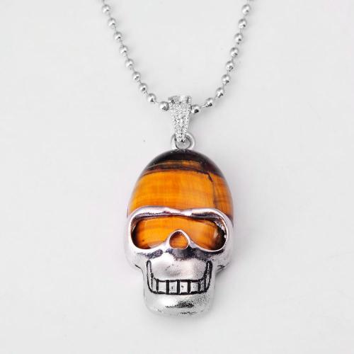 Tiger eye Skull Gemstone Pendant Necklace with Silver chain