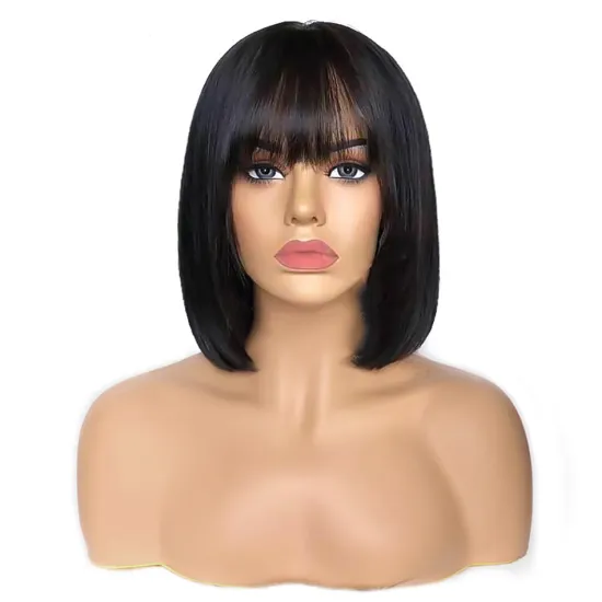 latest short human hair machine made wig with front bangs, full machine soft short indian hair wigs for girls