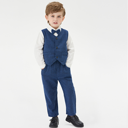 Top and Top Baby Boy Clothing Set Cotton Blue Vest Bow Tie Long Sleeve Shirt Pants Newborn Wedding Formal Party Wear Costume