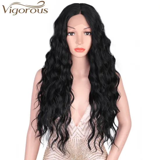 Vigorous Lace Front Wigs 26" Long Wavy Synthetic Wigs for Black Women 150% Density Deep Wave Middle Part Wigs(Natural Black)
