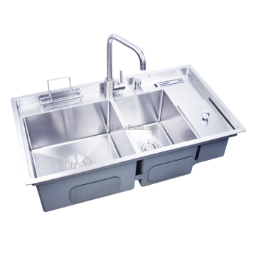 X26311 SUS 304 Material Kitchen Sink: 86x49CM Double Bowl with Garbage Bin and Knife Holder