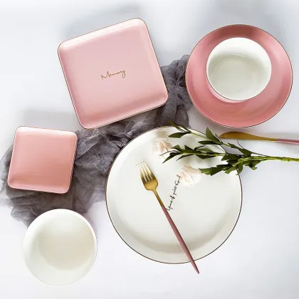 HOT products  matte pink ceramics dinnerware porcelain ceramic tableware with gold rim  Dinnerware+Sets