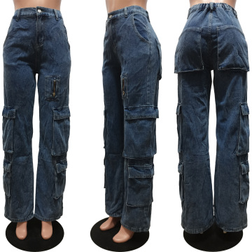 Women's High Waist Jeans with Zippers and Pockets - Street Wear Denim Trousers
