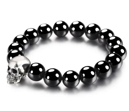 925 Sterling Silver Carved Skull & Black Obsidian Bracelet with Crystal Healing