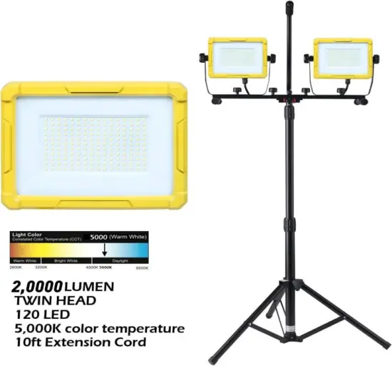 20,000 Lumen 360 Degree LED Work Light: 200W Outdoor Light with Socket Tripod Stand for Flood and Work Illumination