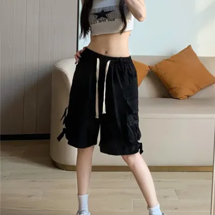 Summer American Fashion Brand: High Waist Polyester Shorts with Large Pockets