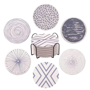 Cork Base Ceramic Drink Coasters - Set of 6 with Holder, 10cm Diameter
