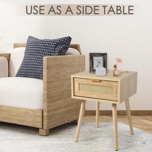 Modern Nightstand End Table with 2 Rattan Drawers,Side Table Wood Accent Table with Storage for Bedroom Living Room