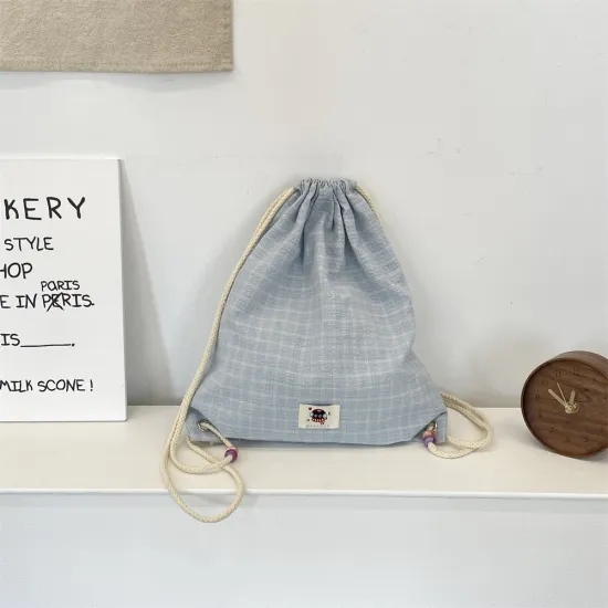 Trendy Plaids Light Blue Canvas Drawstring Makeup Bag