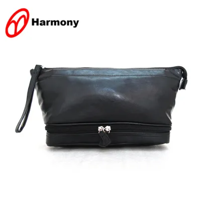 Men small black genuine leather pouch toiletry bag
