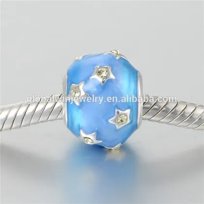Light Blue Enamel Silver Beads Star Mould Inlaying Stones Silver Rhinestone Beads Silver Metal Beads