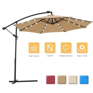 24 LED Solar Lighted Cantilever Umbrella: Outdoor Patio Hanging Shade with Offset Design